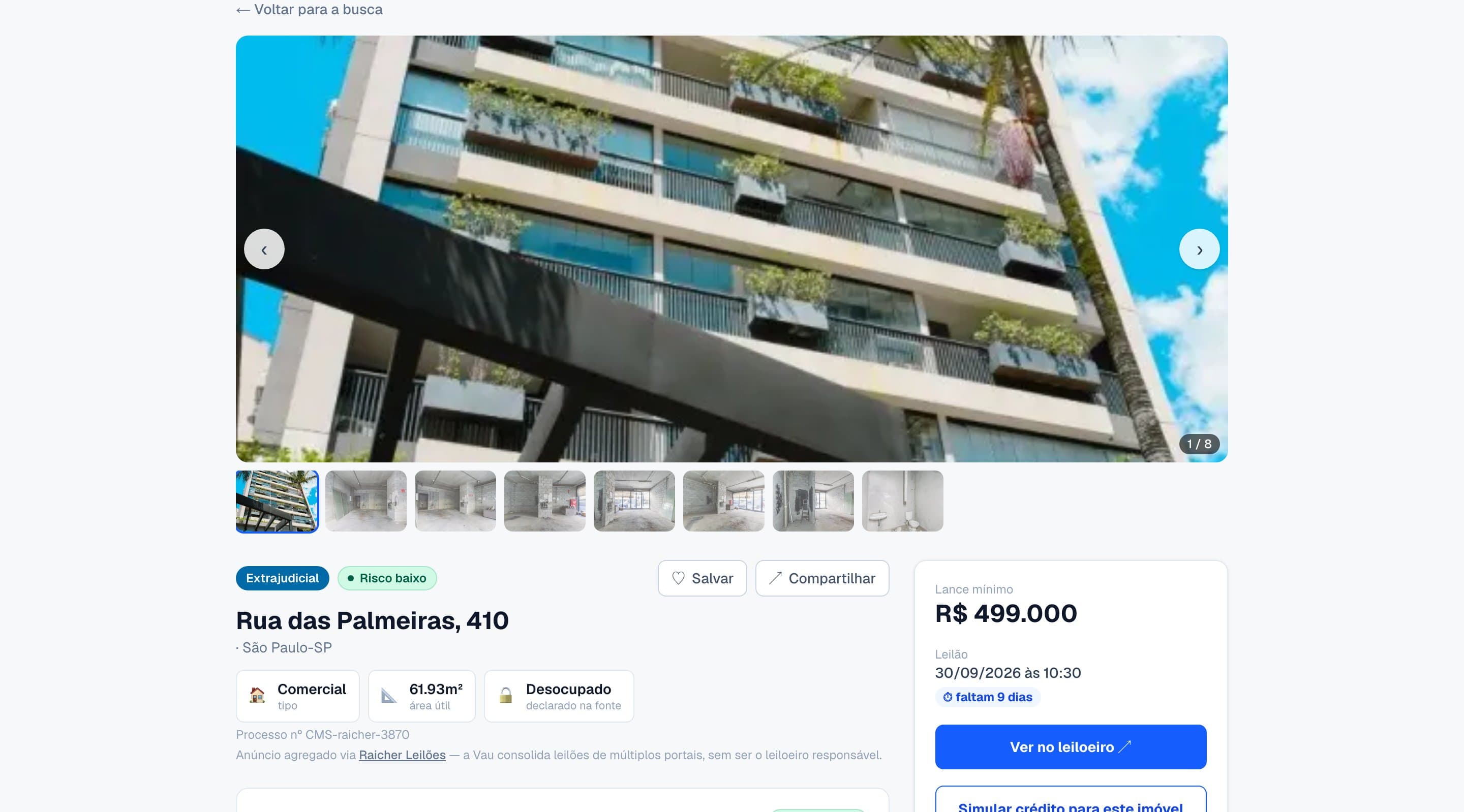 Página de imóvel da Vau: fotos, score de risco baixo, ocupação declarada e lance mínimo
